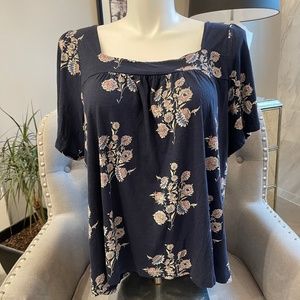 Lucky Brand Navy Floral Print Cap Sleeve Blouse